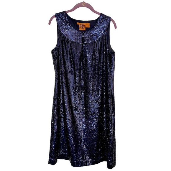 Tory Burch Kylie Silk Sequined Navy Blue Sheath Dress ~ Size 10 - Picture 2 of 9